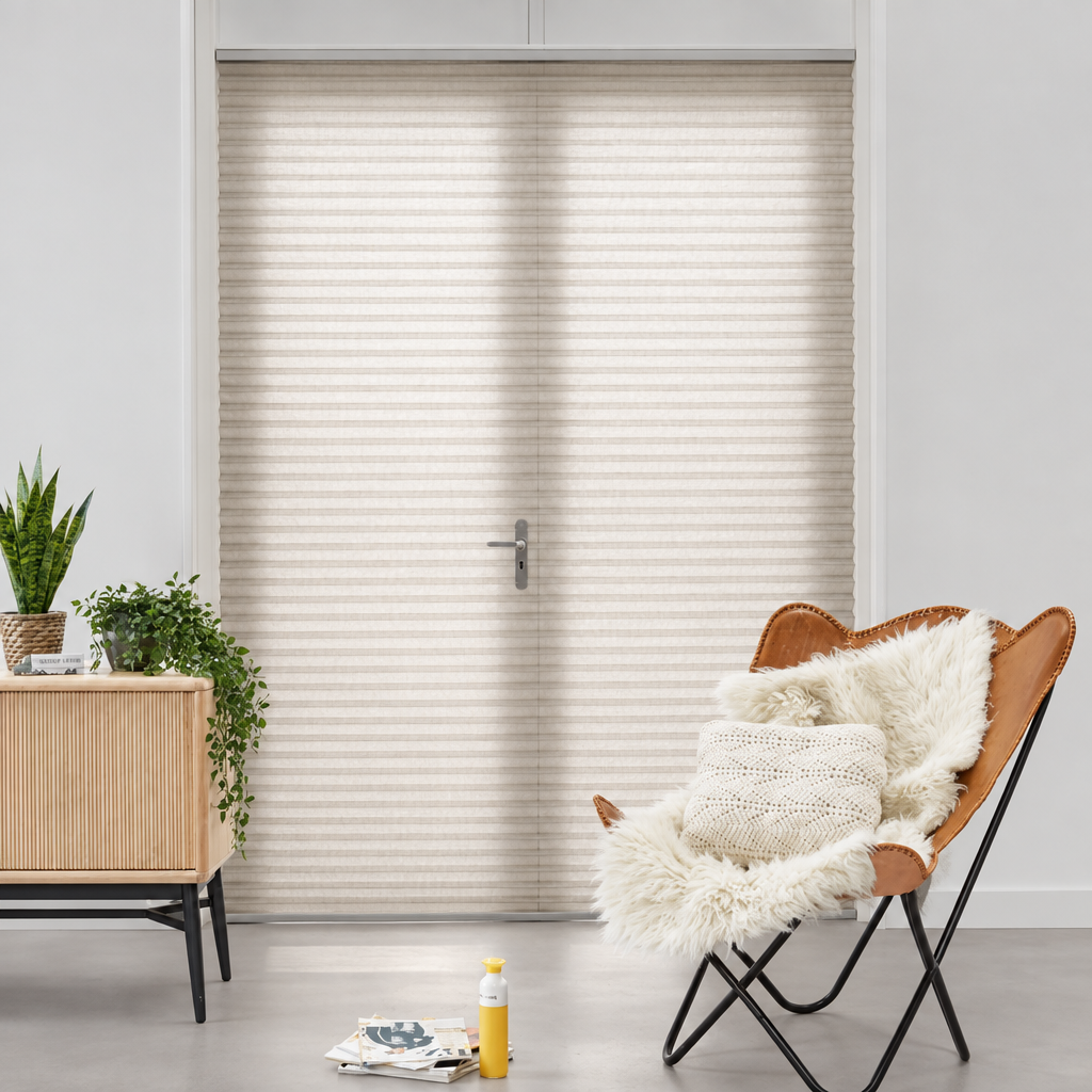 Taupe lichtdoorlatende plisségordijnen