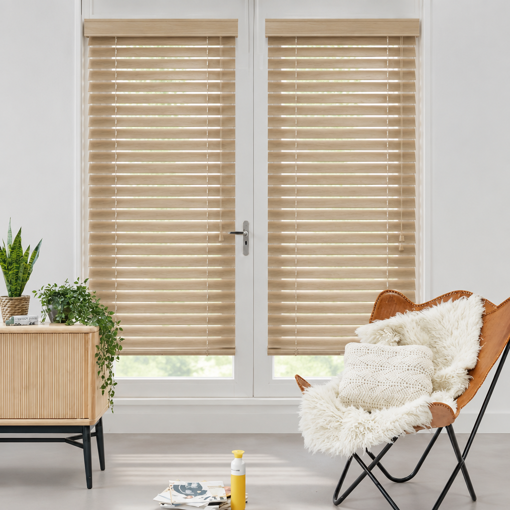 Zandbeige houten jaloezieën
